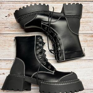 Black Lace-Up Boots with White Stitching